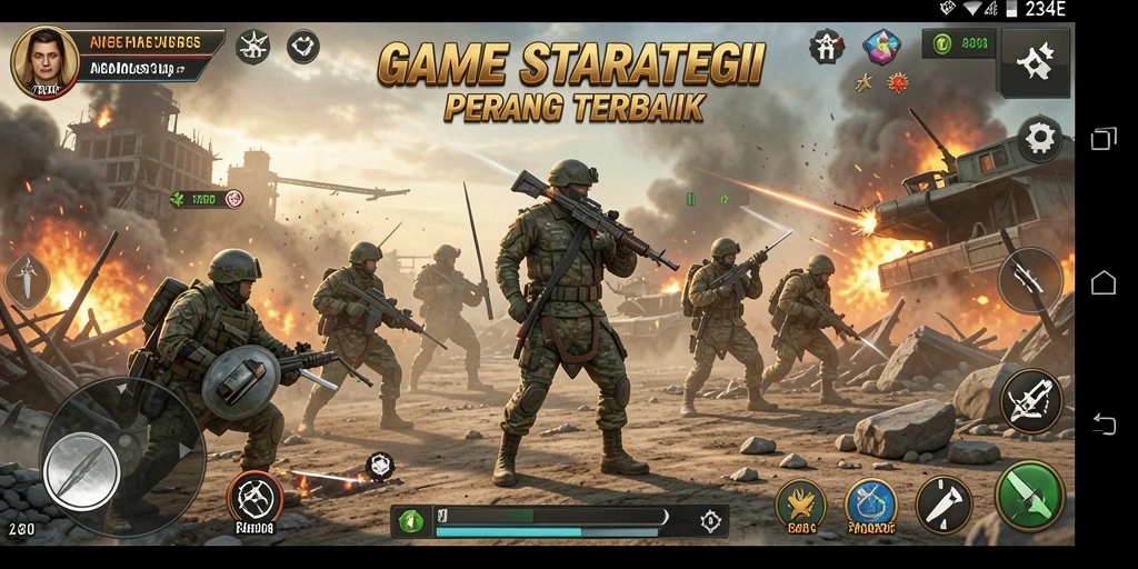 Screenshot gameplay 234E yang menunjukkan pertempuran strategis dan pembangunan.