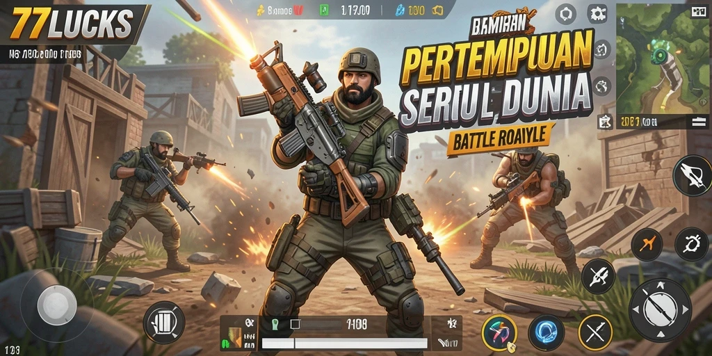 Screenshot gameplay 77LUCKS menampilkan aksi seru Battle Royale.