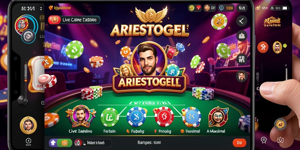 Screenshot gameplay ARIESTOGEL yang menampilkan dealer langsung dan suasana kasino.
