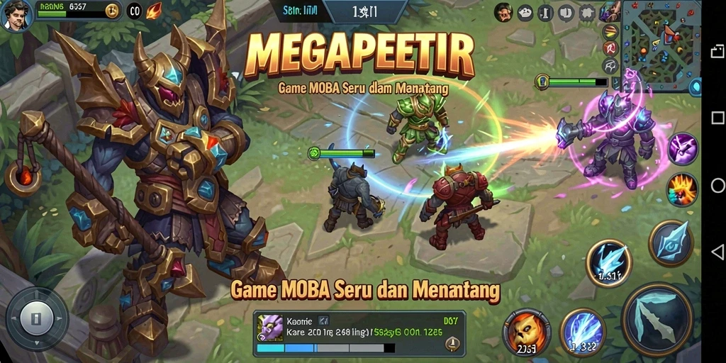 Tampilan aksi seru dalam gameplay MOBA MEGAPETIR.
