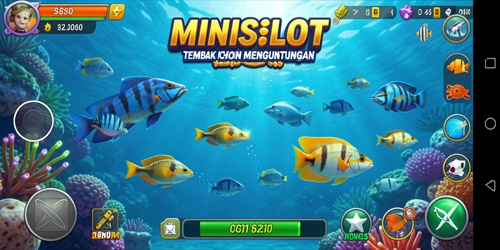 Tampilan gameplay MINISLOT yang menampilkan aksi menembak ikan.