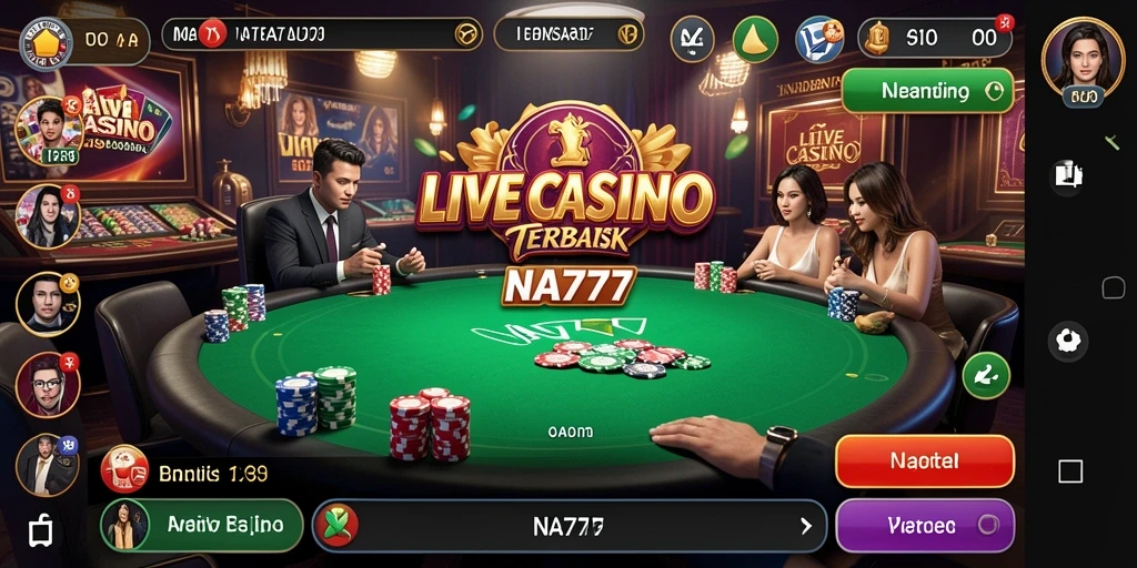 Screenshot gameplay NA777 menampilkan dealer dan permainan kasino langsung.