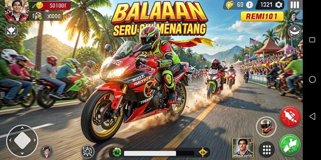 Tampilan gameplay REMI101 dengan balapan motor yang seru.