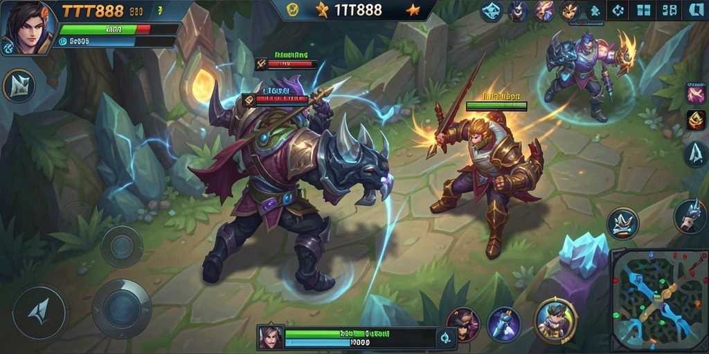Screenshot gameplay TTT888 yang menunjukkan pertarungan epik antara dua tim.